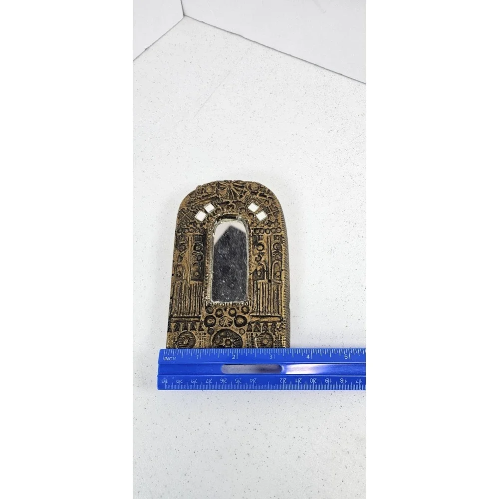 Vintage Brutalist Wall Mirror Gold Tone Cast Plaster MCM Architectural Decor